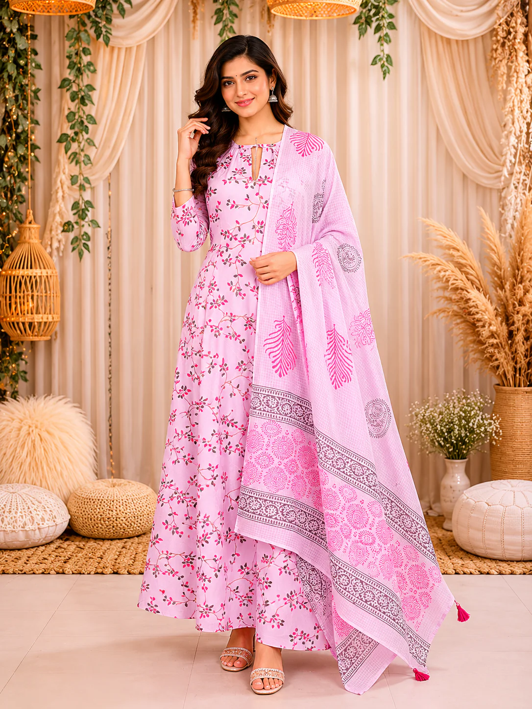 Mauve Purple Floral Wine Printed Design Cotton Anarkali Salwar Suit with Dupatta